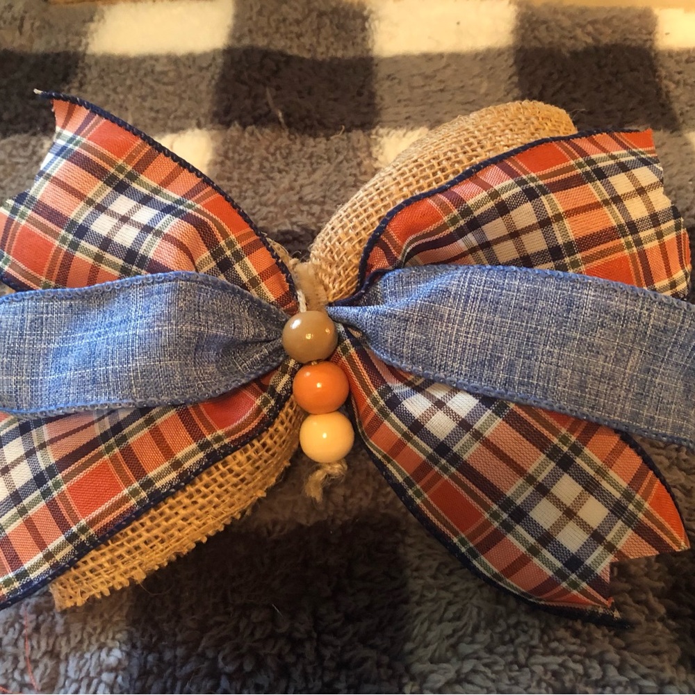 Burlap, plaid and denim fall bow with wood beads